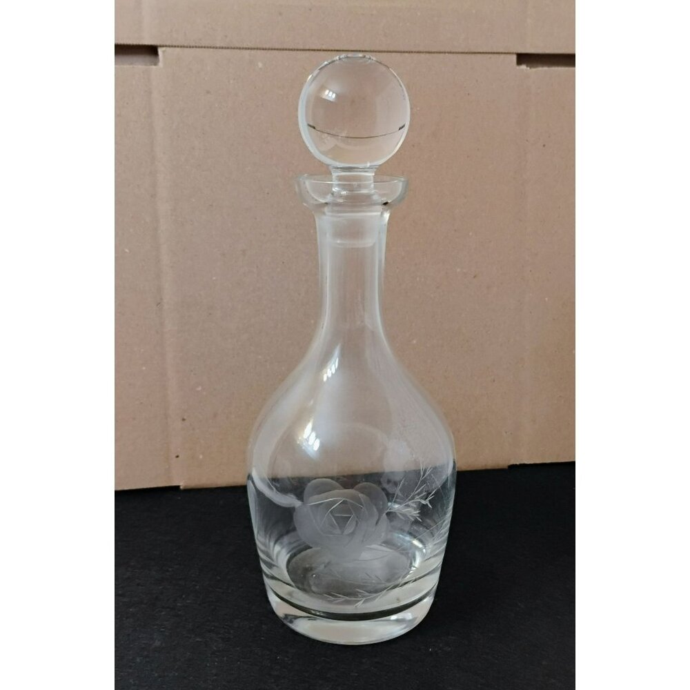 Vintage Glass Decanter With Etched Roses & Stopper, Floral Etching Liquor Bottle